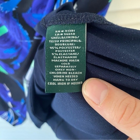 Lauren Ralph Lauren size 10 Blue Abstract Floral Bell Sleeve Faux Wrap Dress - Picture 7 of 14